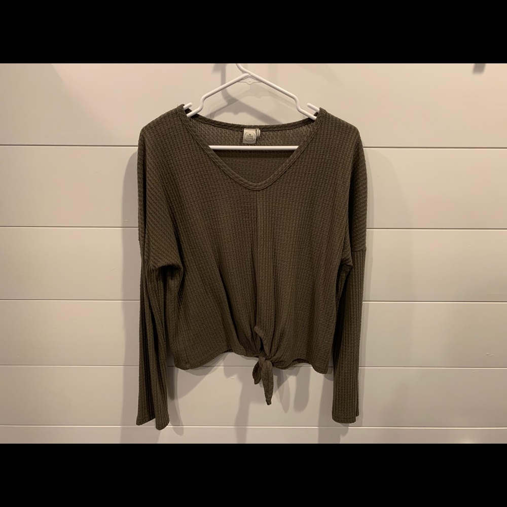 Army green cropped waffle long sleeve